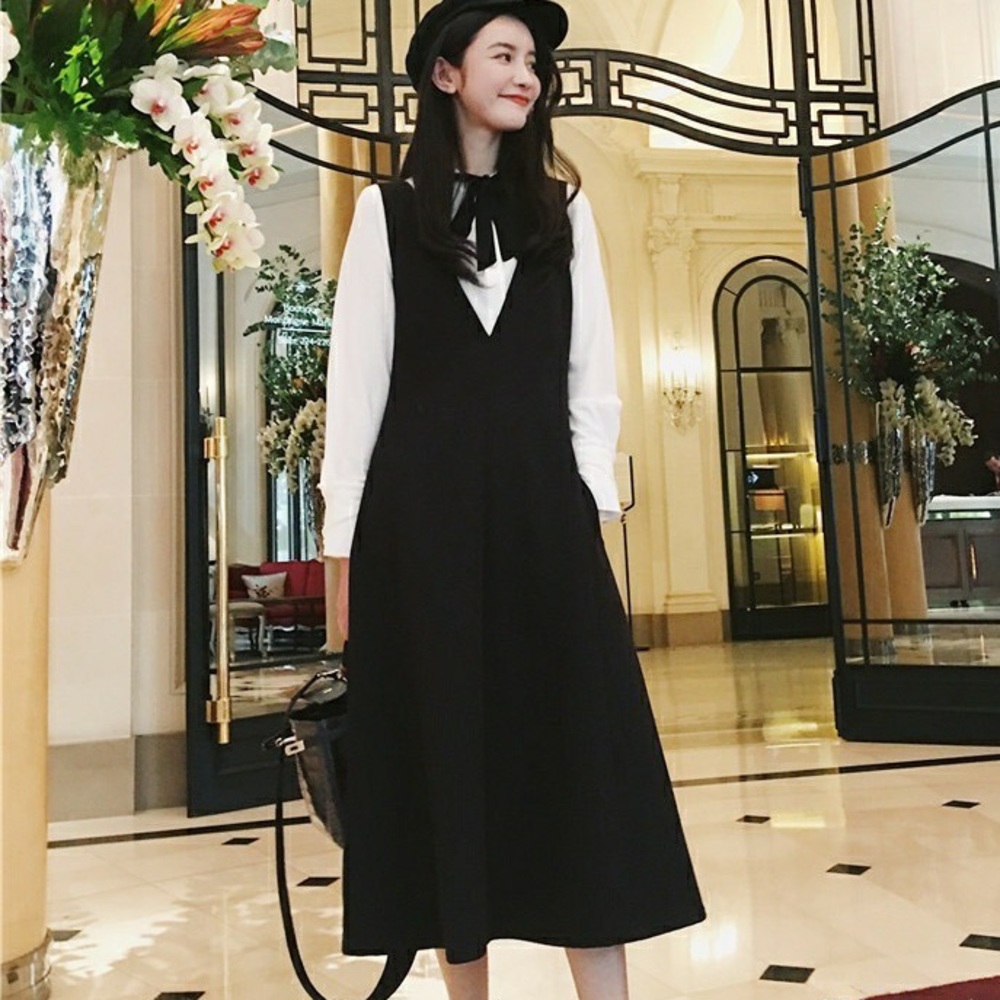 Classic Black Midi Pinafore Dress with White Blouse Detail